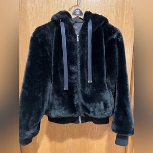 Carbon38 black faux jacket with hood.